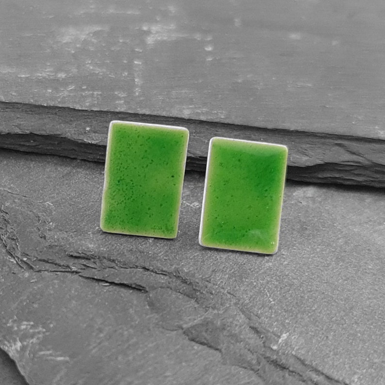 Colourful Rectangular Stud Earrings in Sterling Silver with Vitreous Enamel Moss Green