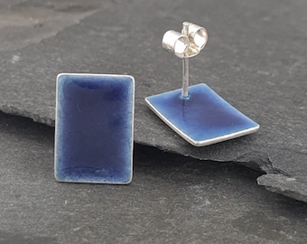 Colourful Rectangular Stud Earrings in Sterling Silver with Vitreous Enamel