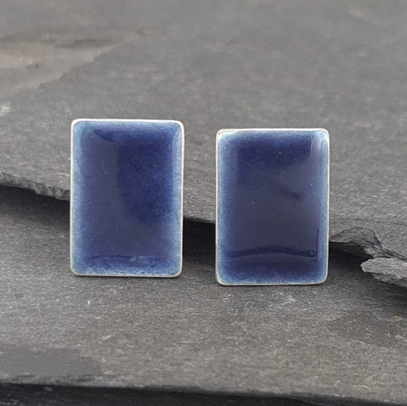 Colourful Rectangular Stud Earrings in Sterling Silver with Vitreous Enamel Viola