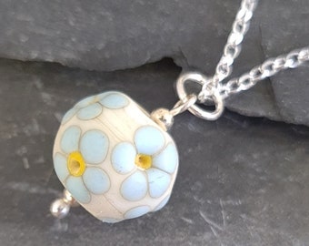 Lampwork Glass Floral Posy Pendant - Handmade Round Glass Pendant with Forget me Nots,  Sterling Silver, 16" or 18" chain