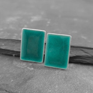 Colourful Rectangular Stud Earrings in Sterling Silver with Vitreous Enamel Teal