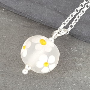 Lampwork Glass Floral Posy Pendant Handmade Round Glass Pendant with Daisies, Sterling Silver, 16 or 18 chain image 1