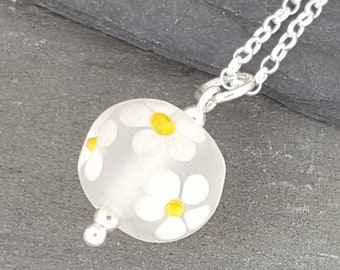 Lampwork Glass Floral Posy Pendant - Handmade Round Glass Pendant with Daisies,  Sterling Silver, 16" or 18" chain