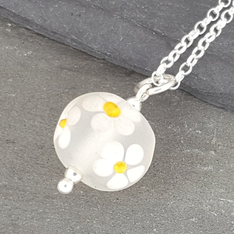 Lampwork Glass Floral Posy Pendant Handmade Round Glass Pendant with Daisies, Sterling Silver, 16 or 18 chain image 1