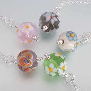 Lampwork Glass Floral Posy Pendant Handmade Round Glass Pendant with Daisies, Sterling Silver, 16 or 18 chain image 2