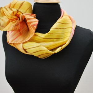 Silk scarf hand painted in the Shibori technique. Soft yellow and peach image 1