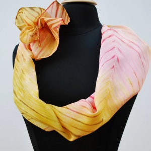 Silk scarf hand painted in the Shibori technique. Soft yellow and peach image 3