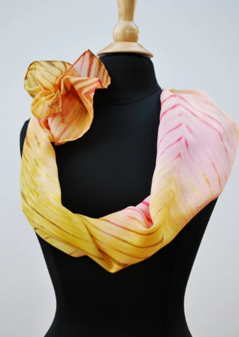 Silk scarf hand painted in the Shibori technique. Soft yellow and peach image 3