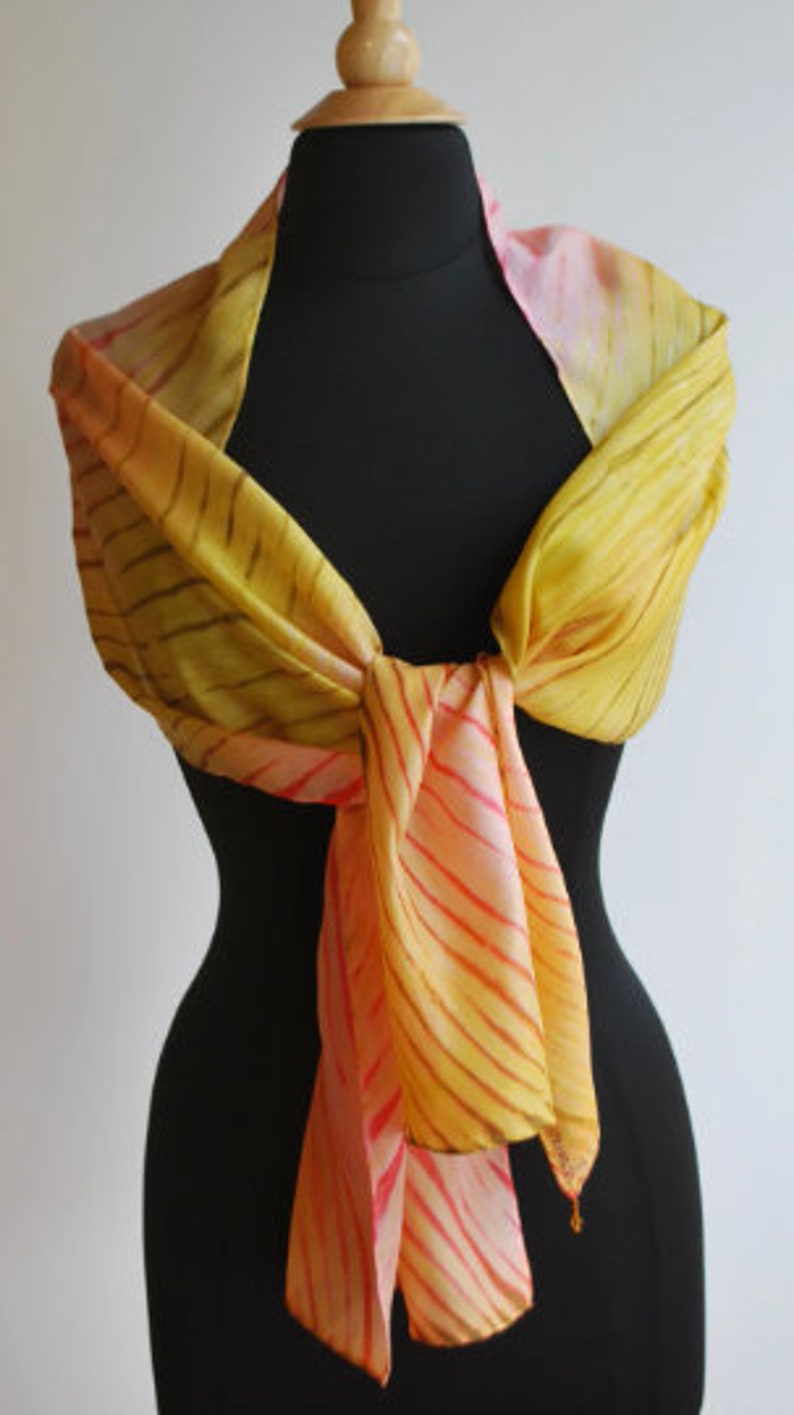Silk scarf hand painted in the Shibori technique. Soft yellow and peach image 4