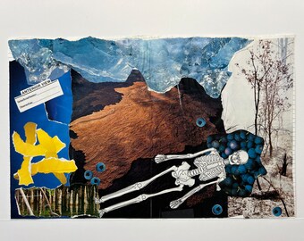 Original Paper Collage Art “Blueberry Burial” by Amber Quisenberry, Hand Cut Paper Art, Mounted 15.5" x 10"