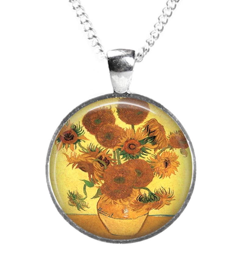 SUNFLOWERS Vincent Van Gogh Set: Pendant Chain /& Earrings Glass Picture Jewellery Silver Plated