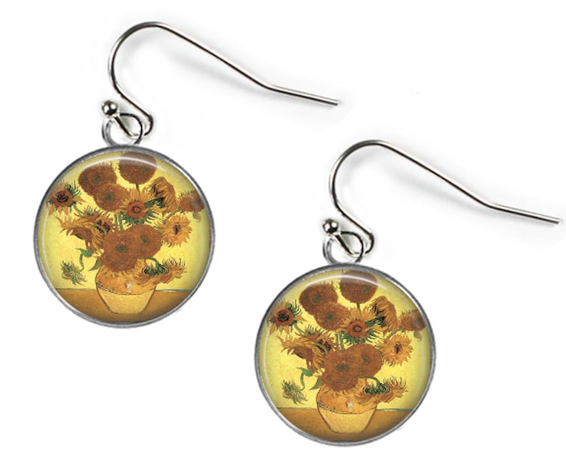 SUNFLOWERS Vincent Van Gogh Set: Pendant Chain /& Earrings Glass Picture Jewellery Silver Plated