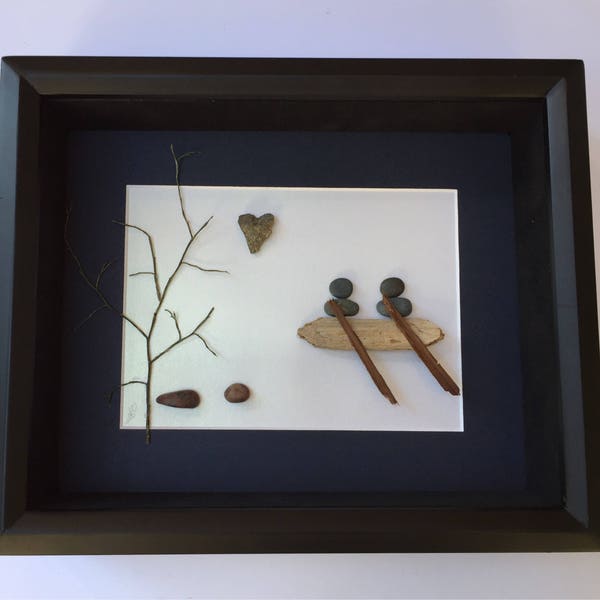 Canoe Pebble Art, Couples Christmas Gift, Original Pebble Art, SticksnStone Art, Canoe Themed Art, Canoe Stone Art, Coastal Artwork, Canoe