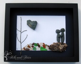 Unique Engagement Gift- Pebble Art Couple Design with Water Feature - Personalized Couple's Gift -  Pebble Art - COUPLE'S GIFT - Love Gifts