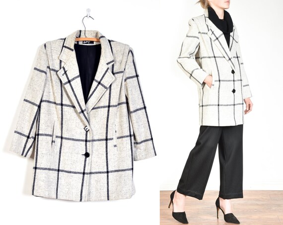 1980s Graphic Plaid Wool Minimalist Coat || size L