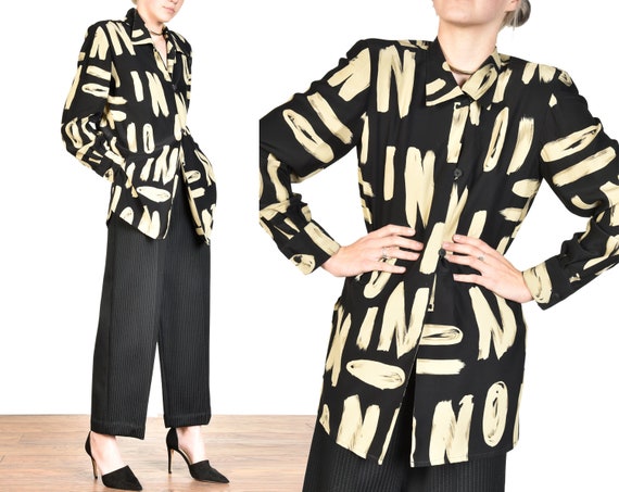 Graphic 1980s Alphabet Oversize Silk Blouse || SML