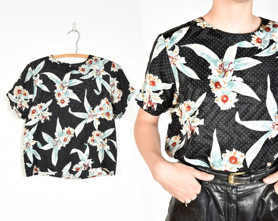 1980s Floral Polka Dot Silk Chemise Blouse || S/M