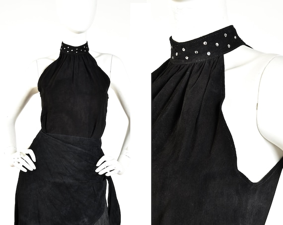 1980s Studded Suede Leather Raglan Halter Top || S