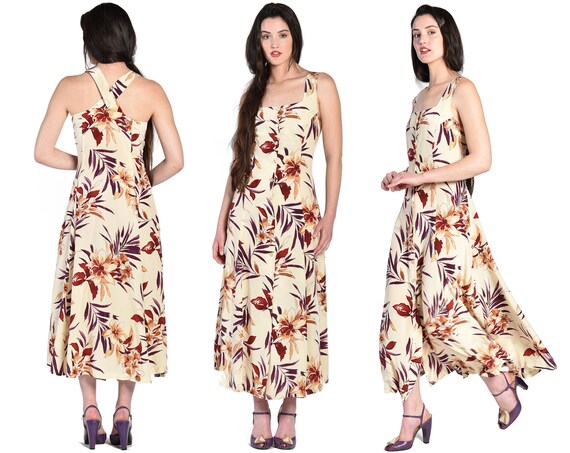 Iris 1980s Ivory Floral Silk Maxi Dress