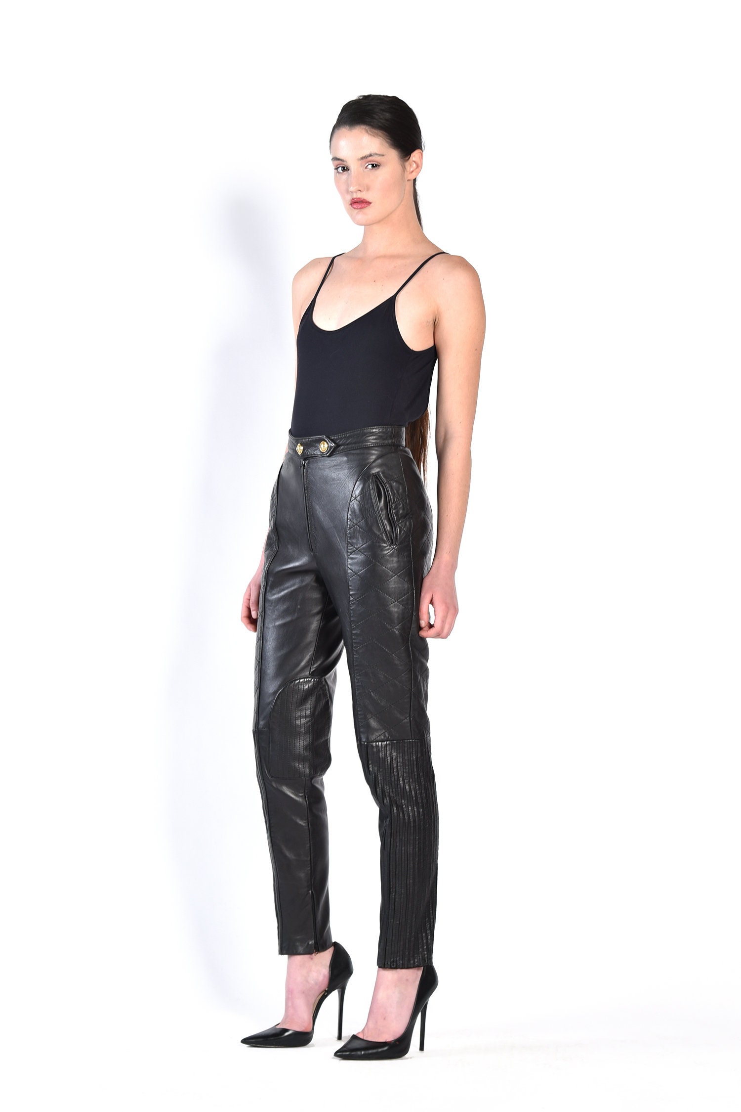 Moschino Leather Pants Black 1990s 90s Quilted High Waist - Etsy