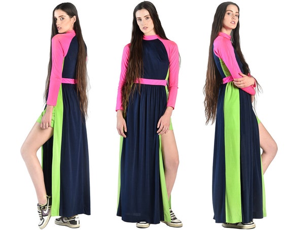 Sylvia 1970s Neon Colorblock Maxi Dress || 70s Col