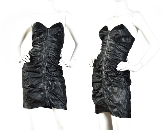 1980s Black Ruched Strapless Leather Mini Dress ||