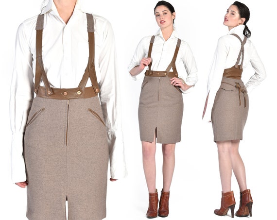 Moschino Wool + Leather Suspender Skirt || high wa