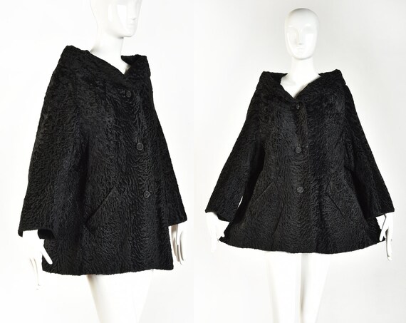 1950s Black Astrakhan Lamb Fur Swing Coat