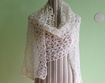 White Lace Scarf for Women, Loose Crochet Scarf, Acrylic Wool Bohemian Scarf, Long Winter Scarf, Soft Boho Scarf, Cottagecore Stole Wrap