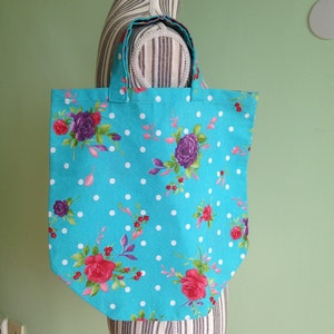 Sac cabas de printemps, sac en toile, sac à main à fleurs, sac bleu ciel, range-tout à pois blancs, sac réutilisable, cartable en coton, sac de courses,
