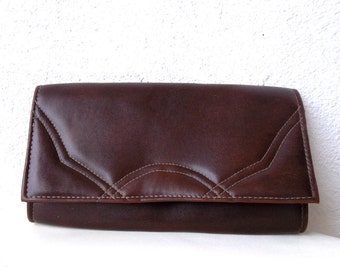 Vintage 80s Brown Faux Leather Clutch, Vinyl Clutch Wallet, Vegan Leather Envelope Clutch Purse, Slim Clutch Bag, Retro Handbag