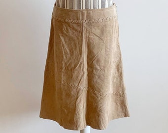 Beige Suede Leather Skirt for Women Size M L, Vintage 90s Y2K Midi Skirt, A Line Boho Skirt, 70s Style Hippie Skirt, Low Rise Grunge Skirt
