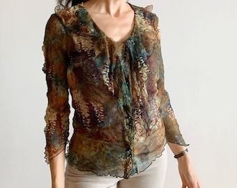 Vintage pure tule blouse voor dames maat M, bruingroen gegolfde top met V-hals, doorzichtige mesh top, transparant shirt met wijd uitlopende mouwen