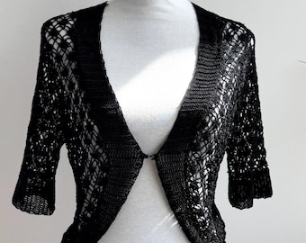 Vintage 90s SAINT TROPEZ Black Crochet Cardigan Size M L, Open