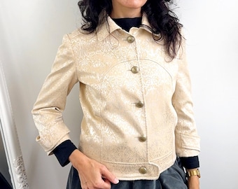 Vintage Project MODA Cropped Jacket Women's Size M, Italian Gold Brocade Blazer, Y2K 3/4 Sleeve Jacquard Coat, Cottagecore Light Academia