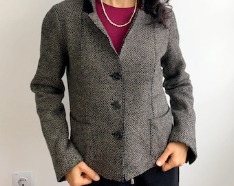 Grijze wollen truiblazer voor dames maat S, vintage tweed cropped jas met zakken, warme wollen blazer, getailleerde getailleerde sportjas