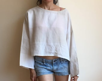 Loose Linen Top With Long Wide Sleeves, Loose Fitting Oversized Crop Top, Cream White Short Linen Top, Tan Beige and Off White Checkered Top