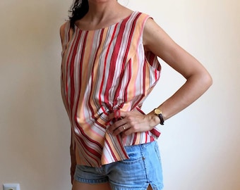 Vintage Plus Size Asymmetric Linen Top, Vertical Stripes Sleeveless Blouse Size L, Orange and Red Linen Shirt for Women, Loose Linen Blouse