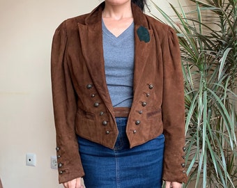 Chaqueta vintage de piel de ante de los años 80 para mujer, blazer de piel marrón de gran tamaño con mangas abullonadas, chaleco corto de piel auténtica, abrigo retro talla M