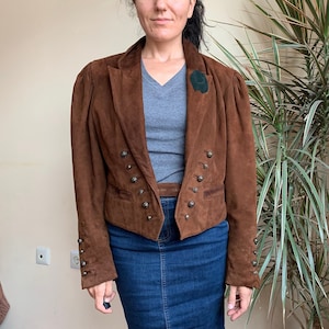 Veste en cuir suédée vintage des années 80 pour femme, blazer oversize en cuir marron à manches bouffantes, gilet court en cuir véritable, manteau rétro taille M