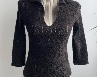 90s Feminine Black Lace Top Size S, Collared See Through Grunge Blouse, V Neck Black Lace Blouse for Women, Sheer Mesh Pullover Overlay Top
