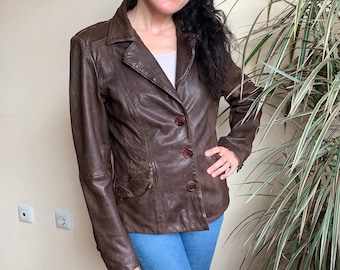 Chaqueta de cuero marrón vintage para mujer, talla M 38, blazer de cuero genuino con botones en la parte delantera, chaqueta de cuero corta, blazer de cuero suave estilo bohemio