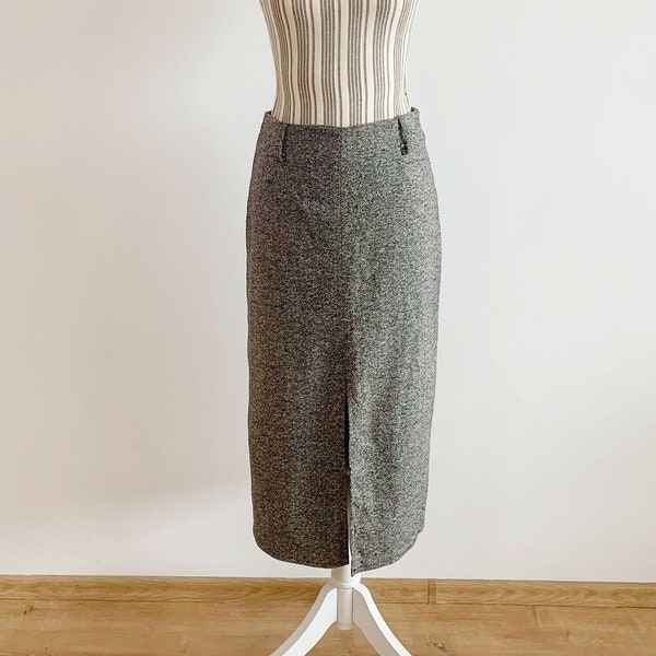 Vintage Y2K Grey Pure Wool Midi Skirt With Front and Back Slit, Fall Winter Long Wool Skirt Size S, Black White Tweed Skirt With Belt Loops