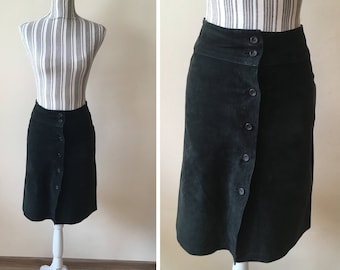 Black Suede Leather Skirt for Women, Button Front Knee Length Midi Skirt, Boho Hippie A Line Skirt, Vintage 80s Retro Festival Clothes