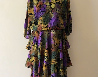 Vintage 80s Autumn Leaves Dress, Sheer Floral Dress, Flowy Midi Dress with Layered Skirt, Abstract Print Asymmetrical Dress, Fall Outfit