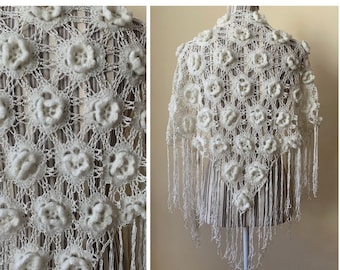 Vintage White Crochet Lace Shawl, Statement Triangular Shawl with Tassels, Sheer Mesh Shawl With Fluffy Flowers, Bohemian Fringed Shawl