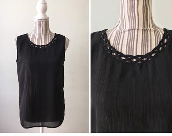 Vintage Black Pure Silk Tank Top Size S, 80s Eyelet Scooped Neck Sheer Silk Top, See Through Blouse, Loose Fit Sleeveless Shirt for Women