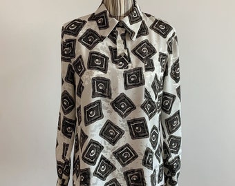 Vintage Silky Satin Half Button Up Shirt for Women Size 38 M, Pearl White Taupe Brown Abstract Geometric Print Long Sleeve Collared Blouse