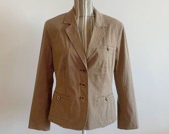 Vintage 90er Jahre Damen Gestreifter Baumwoll-Blazer Größe M, Helles Camel Braun, Langarm Lässiger Frühlings Sportmantel, Minimalistische Beige Jacke