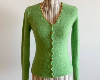Vintage Green Cropped Cardigan Size S, Knitted Mohair Sweater, Fluffy Cardigan, Fitted Knit Sweater, Fuzzy Knit Cardigan, Soft Wool Cardigan